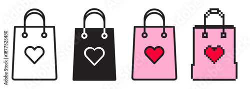 Valentine's Day shopping bag icon set. Vector hearts in four styles: linear with editable stroke, flat color, solid glyph, and pixel art. Romantic gift symbols isolated on white background.