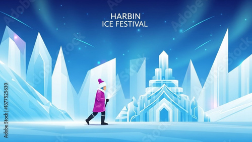 Person walking in front of ice castle at harbin ice festival winter wonderland scene with icy architecture