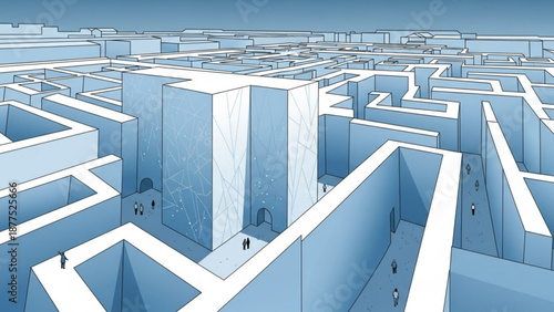 Complex blue maze with multiple paths and dead ends representing confusion and problem solving with a few small figures navigating through