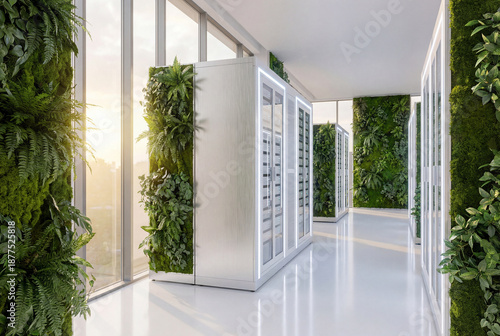 Sustainable green data center with server racks integrated with vertical gardens. Eco-friendly cloud computing and carbon neutral technology in a sunlit modern facility.