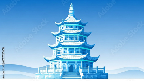 Serene blue pagoda temple in snowy mountainside landscape with clear blue sky