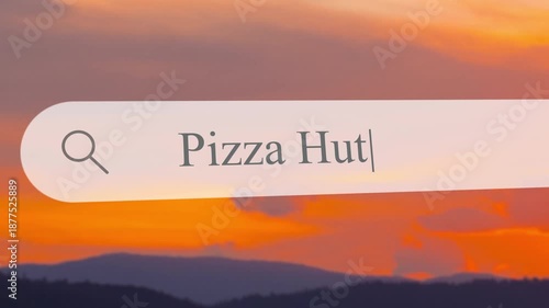 A close up shows a search box with text being typed. The background features a sunset over mountains and a lake. The focus is on searching for information.