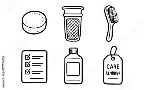 Hand-drawn bathroom essentials: soap, shower gel, toothbrush, list, mouthwash, reminder tag