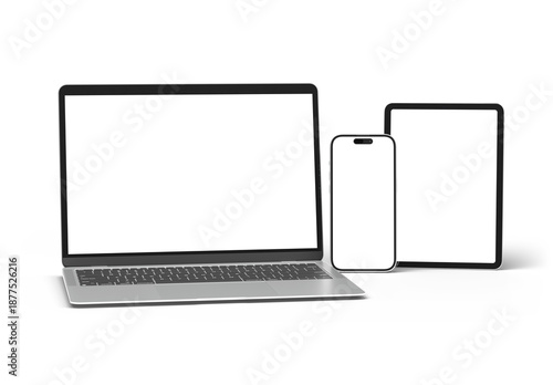 Devices screens isolated on transparent background. Smartphone, tablet and laptop mockup. 3d rendering