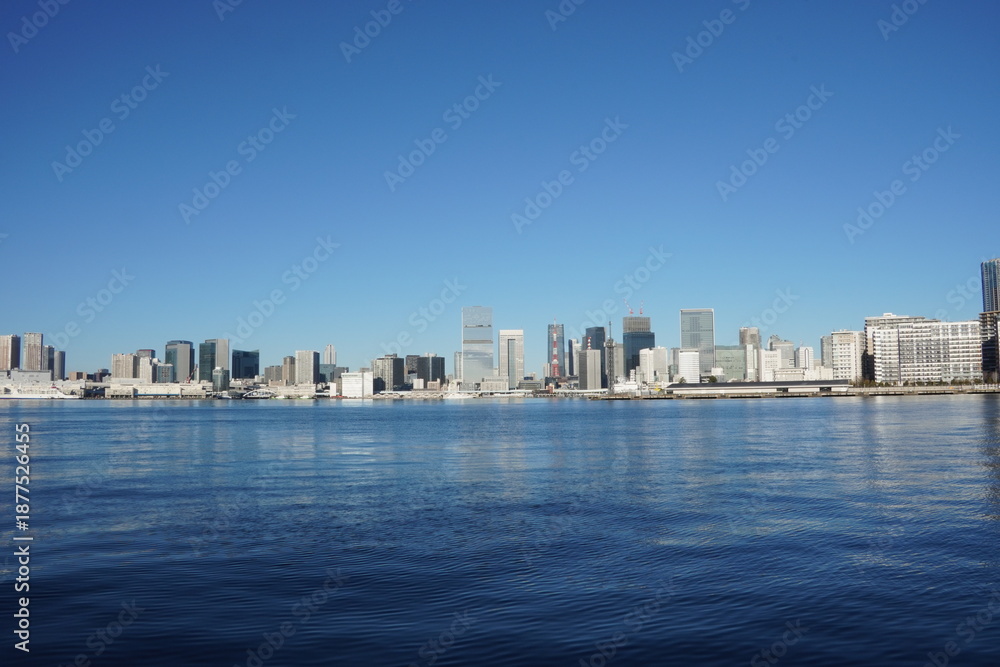 Obraz premium 海越しに見た港区のビル群、中央に東京タワー