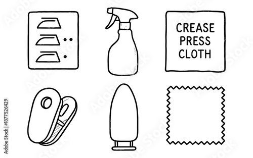 Essential ironing tools: spray bottle, press cloth, iron rest, and board in hand drawn style