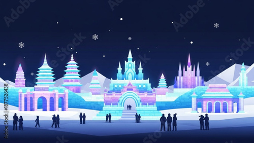Winter wonderland scene with glowing ice castle and people under starry night sky with snowflakes