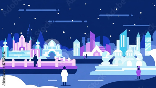 Futuristic cityscape at night with people looking out at vibrant illuminated buildings and monuments in a dreamlike starry sky