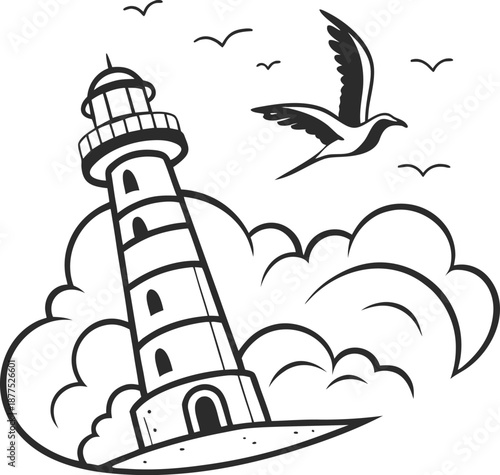 Coastal Beacon Silhouette: A detailed illustration captures the timeless allure of a lighthouse, a steadfast guardian of the sea.