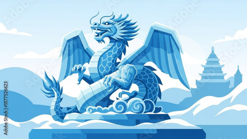 Mythical blue dragon statue with wings spread wide on snowy mountain peak with ancient temple