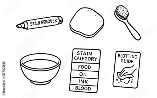 Stain remover tools set: pen, brush, bowl, pad, guide charts in hand drawn style