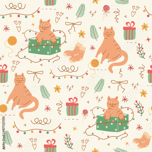 cute cats,  concept seamless pattern. Fir tree, hearts, boxes, lanterns. background for children,    simple  design. hand drawn doodles are isolated on a pink background. A trend for print, paper