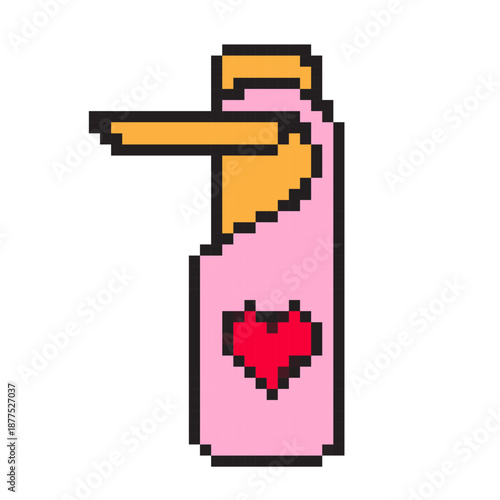 Pixel art Valentine's Day door hanger icon with a red heart. Retro 8-bit style pink hotel tag. Romantic privacy symbol in pixelated vector design isolated on white background.