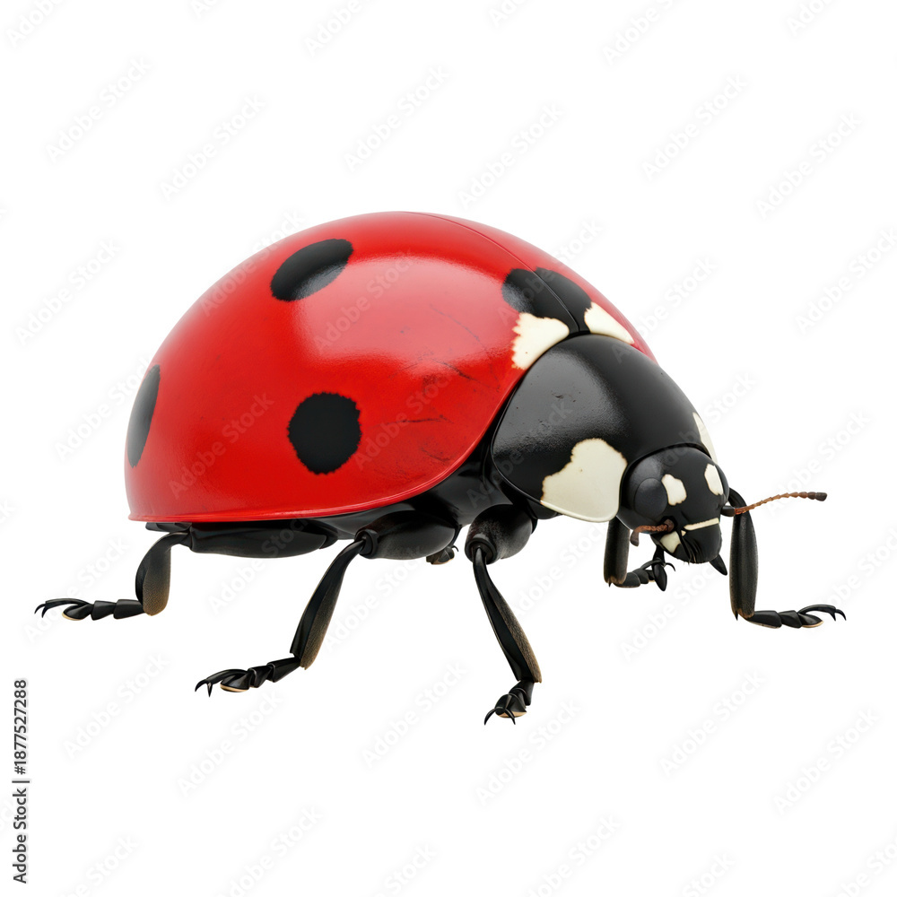 Fototapeta premium Detailed close-up of a red spotted ladybug beetle isolated on a pure white background.