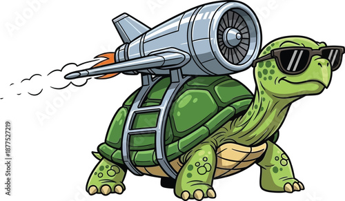 Funny tortoise with sunglasses and jetpack on its back flying with smoke trail and rocket power
