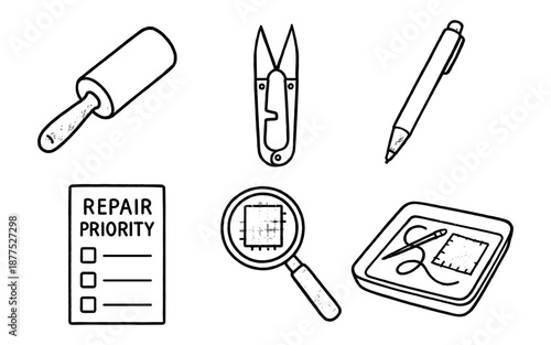 Hand-drawn tool icons: repair checklist, magnifier, sewing kit, pen, multitool