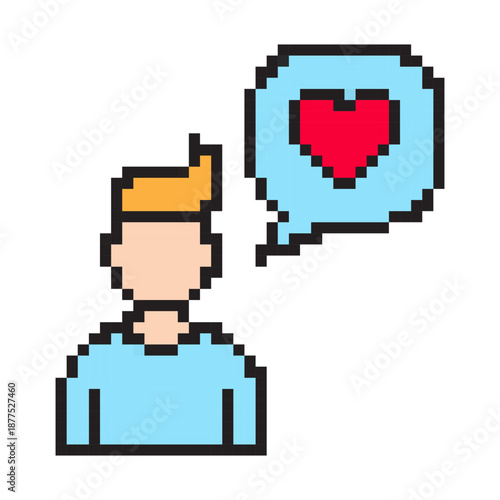Pixel art man with heart message icon for Valentine’s Day. Cute 8-bit male avatar with love chat bubble symbol for romance, dating, message, greeting card, app, game, and Valentine design projects.