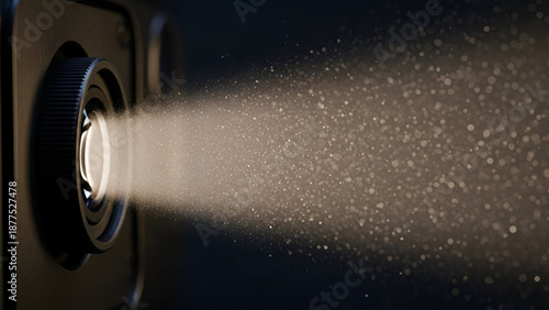 Illuminating projection: Captivating view of a projector lens emitting a bright beam and dust