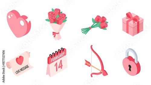 Valentine icon sets feature roses, gifts, and love symbols on February 14th.
