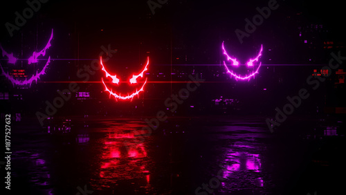 Neon Grin Reflections in Urban Rain: A Dark Cyberpunk Nightmare with Eerie Luminescence