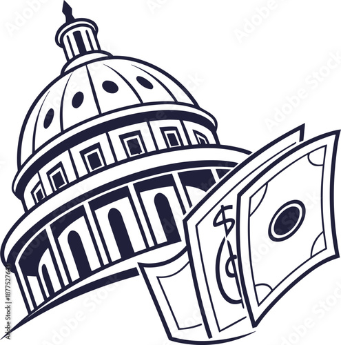 Financial Fortress: An illustration depicts a government building alongside stylized banknotes, symbolizing the financial strength and stability.