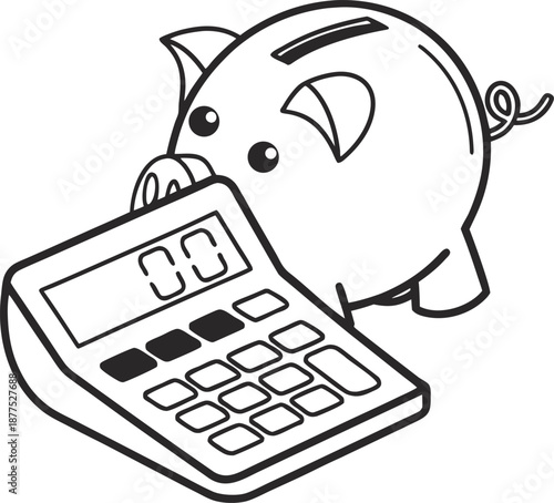 Piggy Bank's Financial Insight: A charming piggy bank engages with a calculator, symbolizing the smart management of finances, fiscal responsibility, savings, and investments