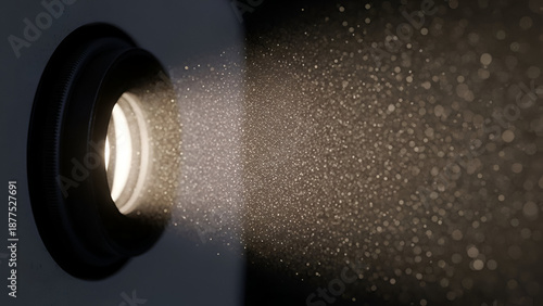 Projector casting ethereal light with bokeh effect creating a magical atmosphere with grainy