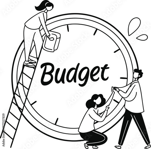 Budget Strategy in motion: Depicting financial planning, three individuals collaboratively construct a budget with the central idea of time management and fiscal responsibility. 