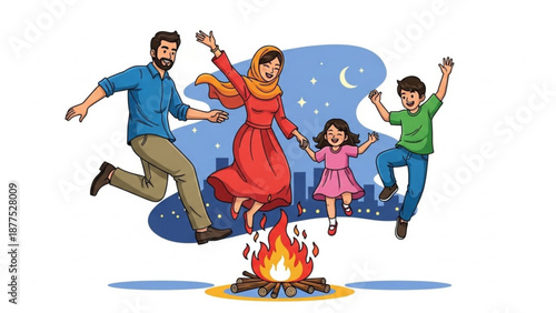Happy Family Jumping over Campfire at Night
