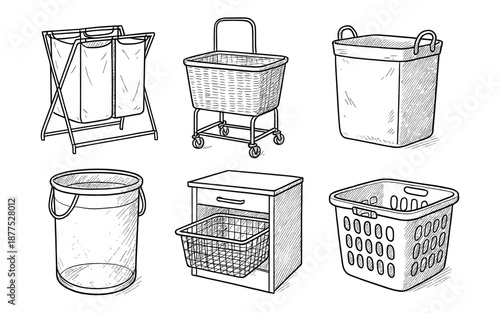 Hand drawn laundry baskets collection with diverse containers in sketch style