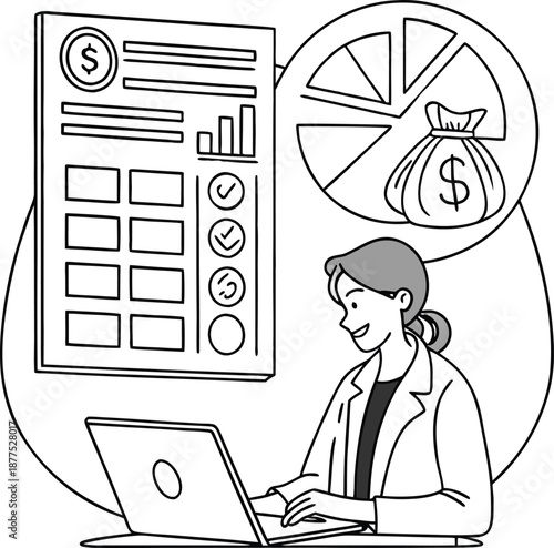 Financial Empowerment: A determined woman meticulously reviews financial reports using a laptop, juxtaposed with a visual of a money bag and a pie chart, symbolizing her commitment to data analysis.