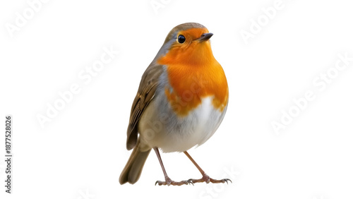 Isolated European robin perching, bird with orange breast and brown plumage, eye contact