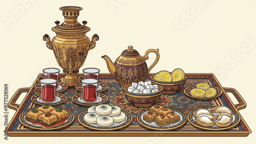 Traditional Russian Tea Service with Sweets on Decorative Tray