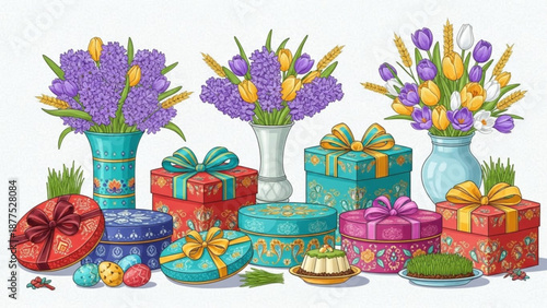 Colorful Gifts and Flowers on White Background