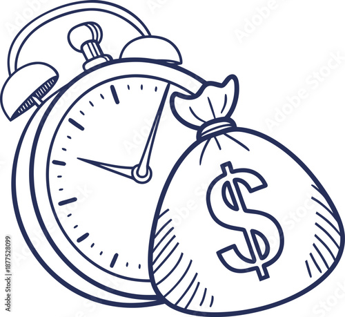 Time is Money: This illustration depicts an alarm clock standing tall next to a bag of money, a visual metaphor for the value of time.