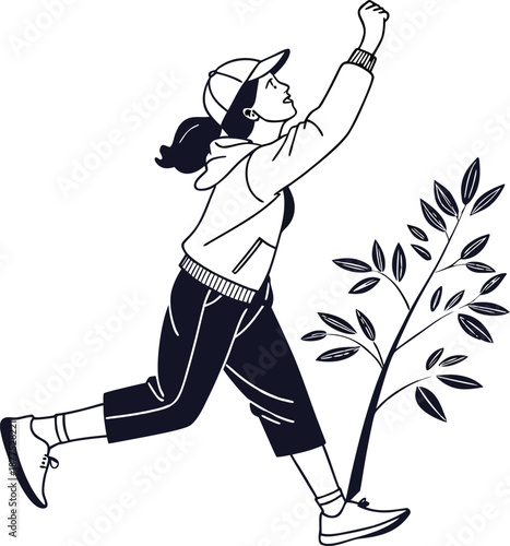Vision of Hope: A determined figure, fueled by optimism, reaches towards a budding sapling and the promising future ahead, representing growth and connection.