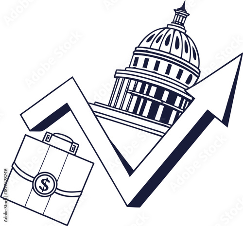 Capital Growth Blueprint: An emblem illustrating capital growth. Featuring a prominent government building set with a suitcase and an arrow pointing upward
