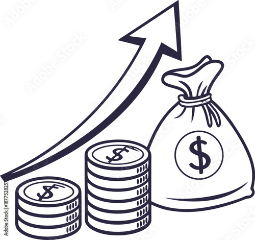 Financial Ascent: An illustrative depiction of financial growth, showcasing a rising arrow alongside a stack of coins and a money bag, symbolizing wealth accumulation and economic advancement.