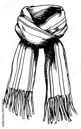Hand drawn line art illustration of a winter scarf depicting it tied for seasonal fashion