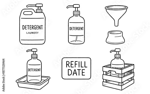 Reusable detergent container set with refilling accessories in black and white outline