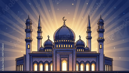 Islamic mosque with crescent moon on dome illuminated by radiant sunbeams representing faith and culture for Ramadan or Eid celebrations