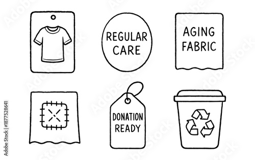 Hand drawn textile care icons for sustainable and recyclable clothing management
