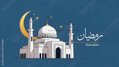 Mosque with crescent moon and stars Ramadan greeting illustration Islamic culture and tradition vector art on blue background