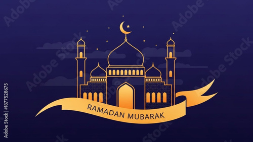 Ramadan Mubarak mosque illustration with crescent moon and stars Islamic celebration banner for religious holidays elegant vector design