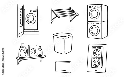 Minimalist laundry room essentials set with washer, detergents, and drying rack