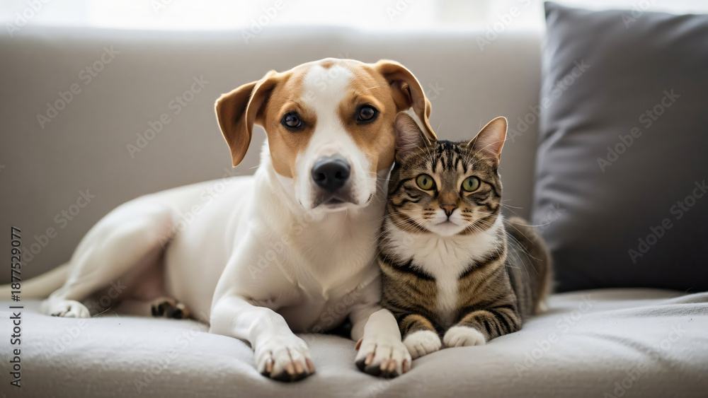 Obraz premium A friendly dog and a tabby cat lying together on a comfortable sofa, looking directly at the camera.