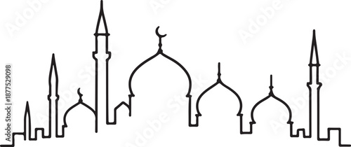 Isolated mosque skyline line art icon, city skyline mosque domes minarets silhouette, mosque skyline minimal outline vector isolated design, isolated mosque skyline illustration