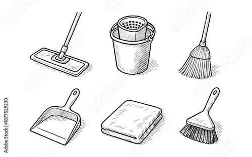 Hand drawn cleaning tools set: mop, bucket, broom, dustpan, sponge, brush