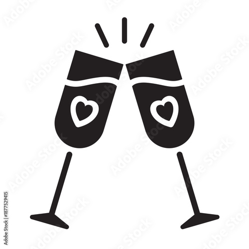 Solid champagne glasses icon with hearts. Black silhouette of clinking wine flutes for romantic toast and Valentine Day celebration. Bold festive drink symbol isolated on white background.