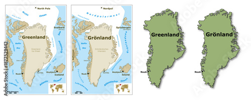 Einfache geografische, topografische Karte und Infografik von Grönland mit dem Nordpol, der Nordwestpassage, Island und Teilen von Kanada